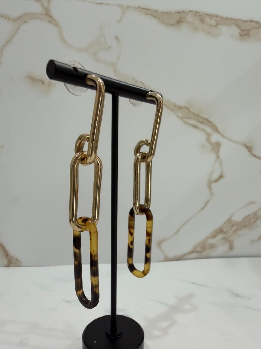 Gold Paperclip Chain Tortoiseshell Link Drop Earrings Geometric Pierced